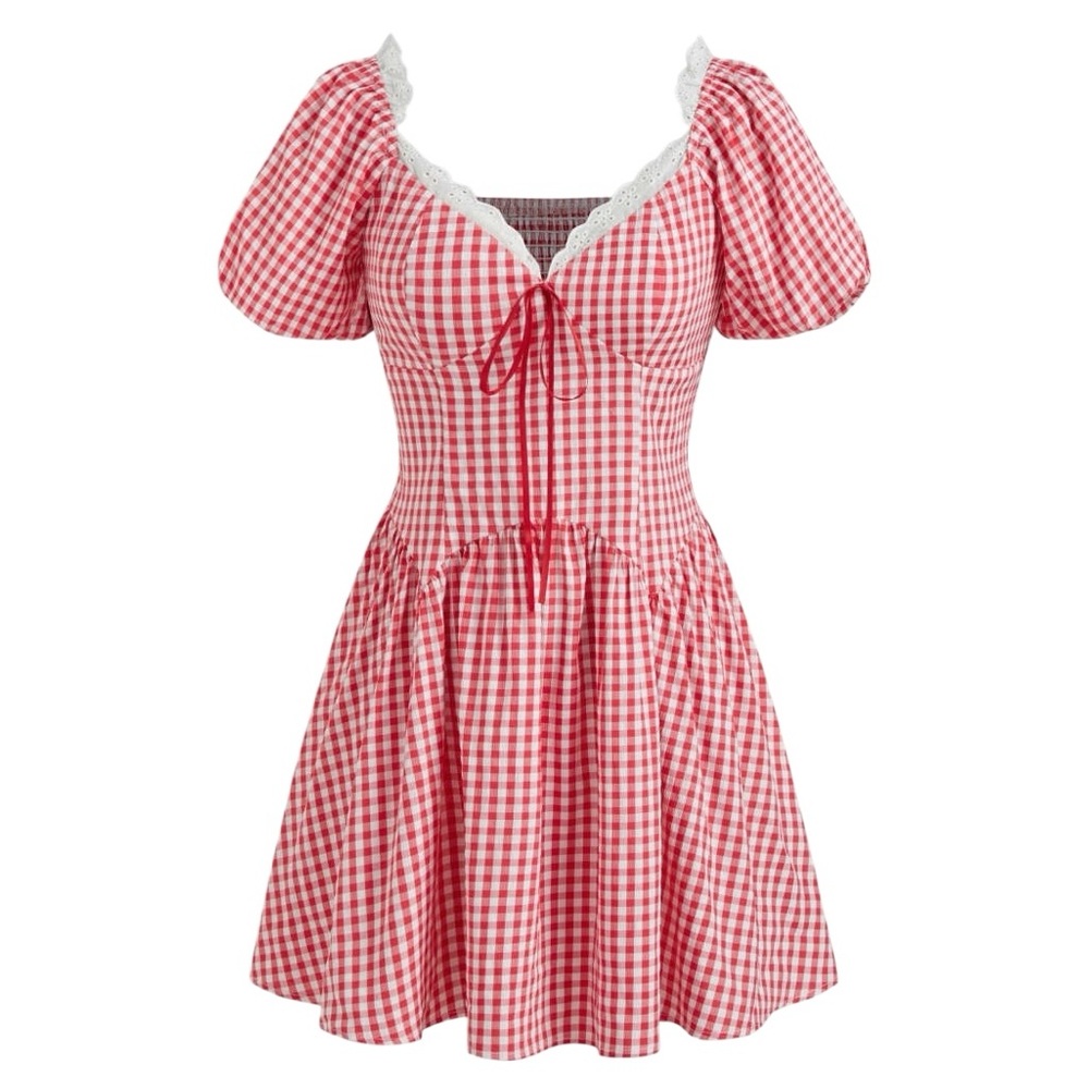 Cider Red and White Checkered Puff Sleeve Mini Dress